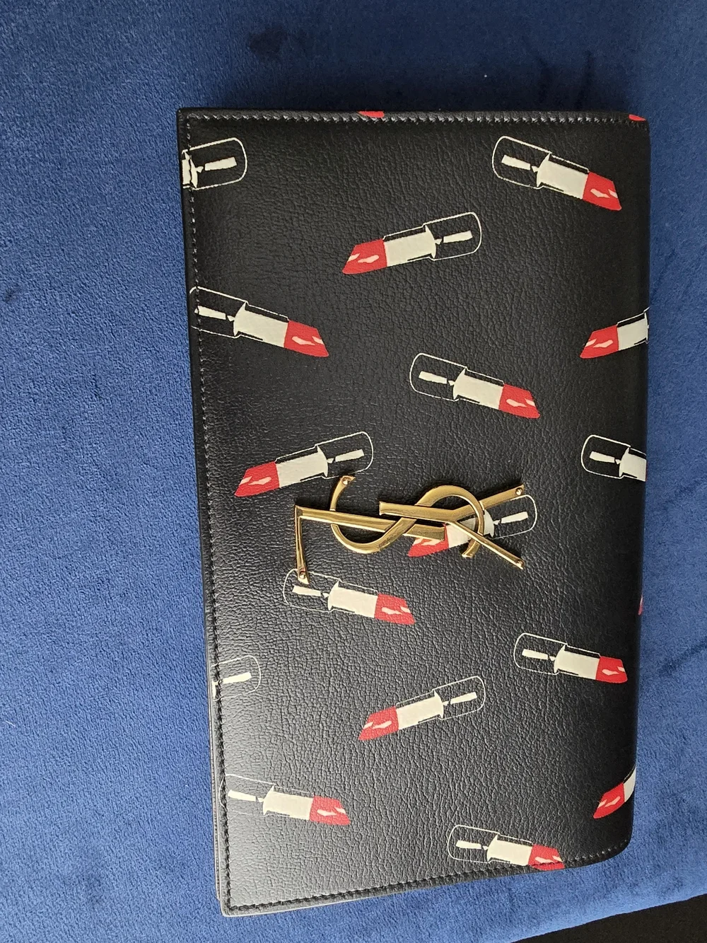 Saint Laurent Black Lipstick Print Leather Clutch